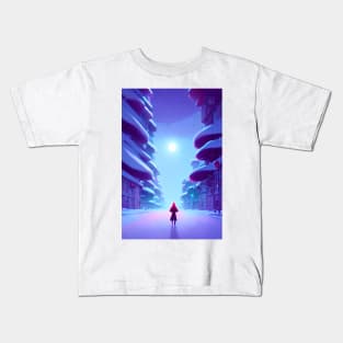 Anime Girl Moon Snowy Empty Street Christmas Landscape Kids T-Shirt